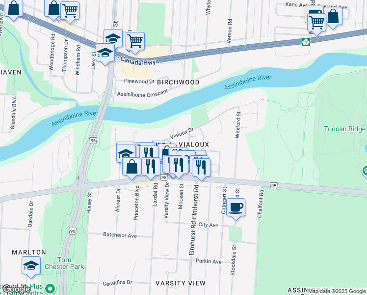 map of restaurants, bars, coffee shops, grocery stores, and more near 150 Hendon Avenue in Winnipeg