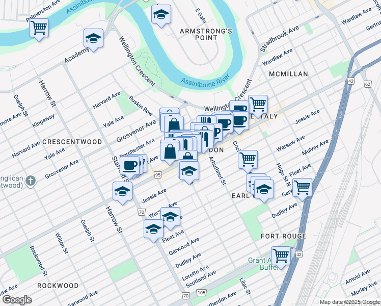 map of restaurants, bars, coffee shops, grocery stores, and more near 770 McMillan Avenue in Winnipeg