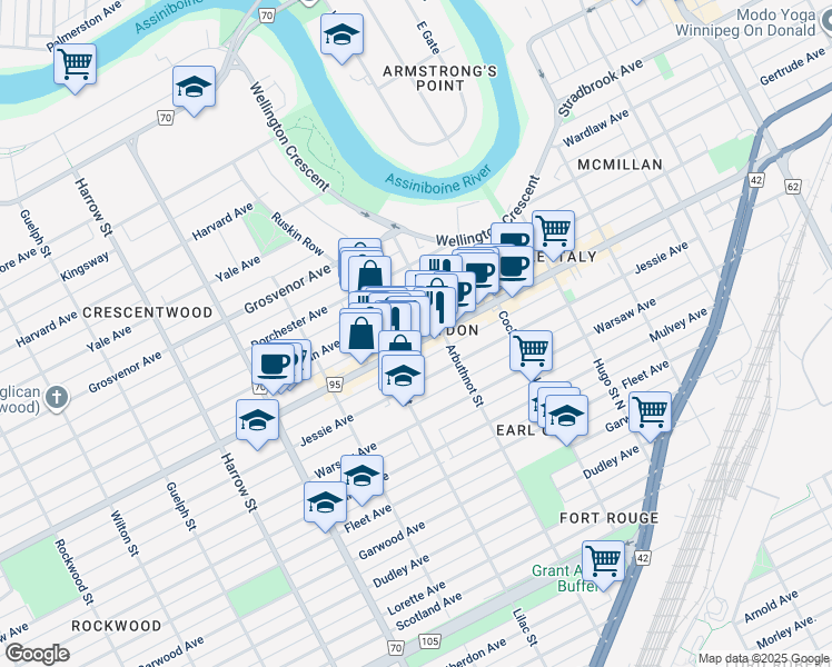 map of restaurants, bars, coffee shops, grocery stores, and more near 809 Corydon Avenue in Winnipeg