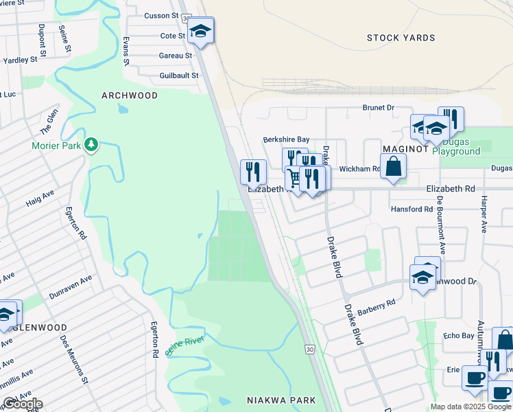 map of restaurants, bars, coffee shops, grocery stores, and more near 932 Archibald Street in Winnipeg