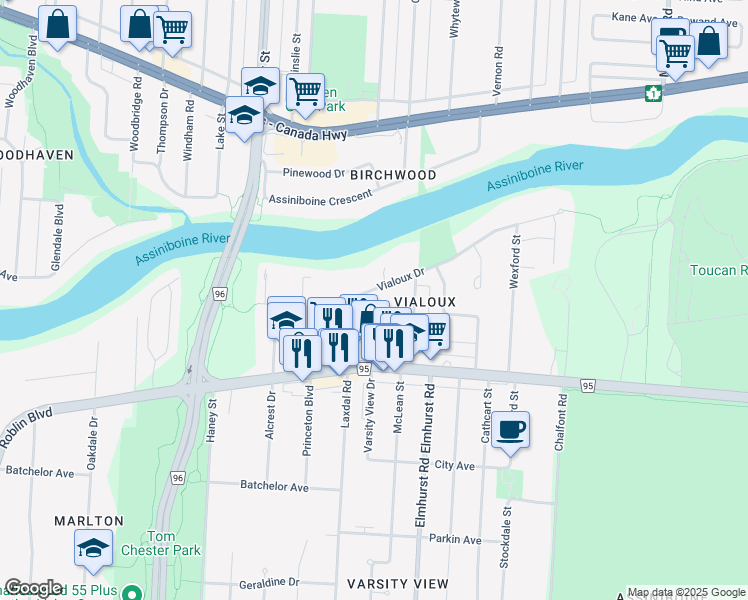 map of restaurants, bars, coffee shops, grocery stores, and more near in Winnipeg