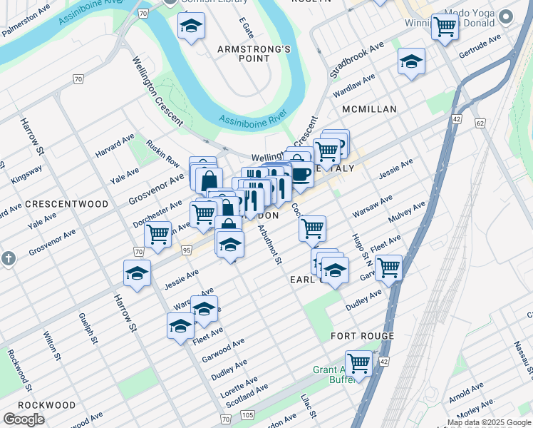 map of restaurants, bars, coffee shops, grocery stores, and more near 781 Route 95 in Winnipeg
