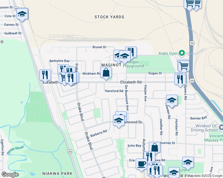 map of restaurants, bars, coffee shops, grocery stores, and more near 39 Hansford Road in Winnipeg