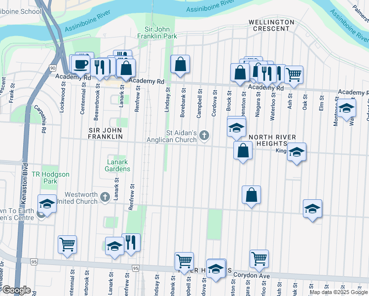 map of restaurants, bars, coffee shops, grocery stores, and more near 286 Borebank Street in Winnipeg