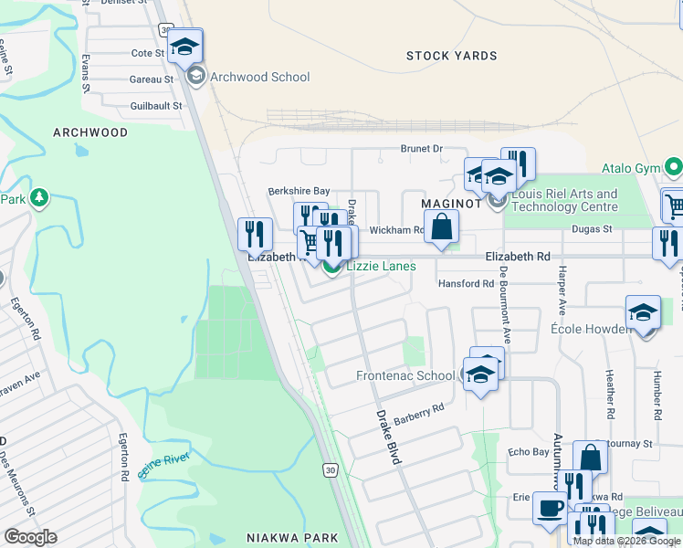 map of restaurants, bars, coffee shops, grocery stores, and more near 678 Elizabeth Road in Winnipeg