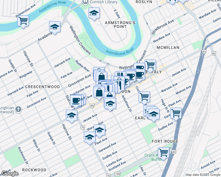 map of restaurants, bars, coffee shops, grocery stores, and more near 770 McMillan Avenue in Winnipeg