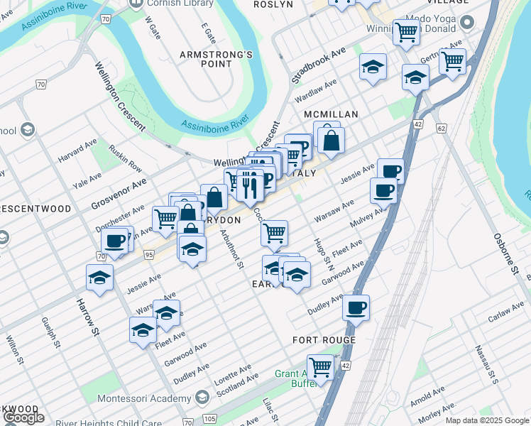 map of restaurants, bars, coffee shops, grocery stores, and more near 713 Jessie Avenue in Winnipeg