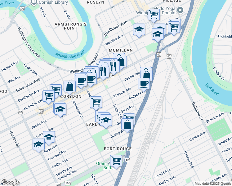 map of restaurants, bars, coffee shops, grocery stores, and more near 637 Warsaw Avenue in Winnipeg