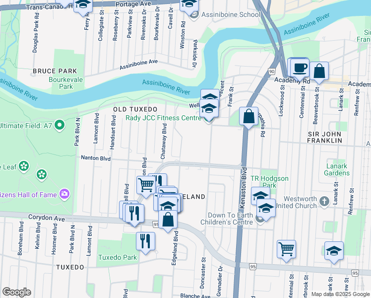 map of restaurants, bars, coffee shops, grocery stores, and more near 139 Tuxedo Avenue in Winnipeg