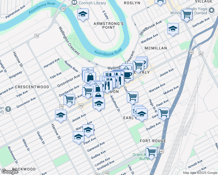 map of restaurants, bars, coffee shops, grocery stores, and more near 781 Route 95 in Winnipeg