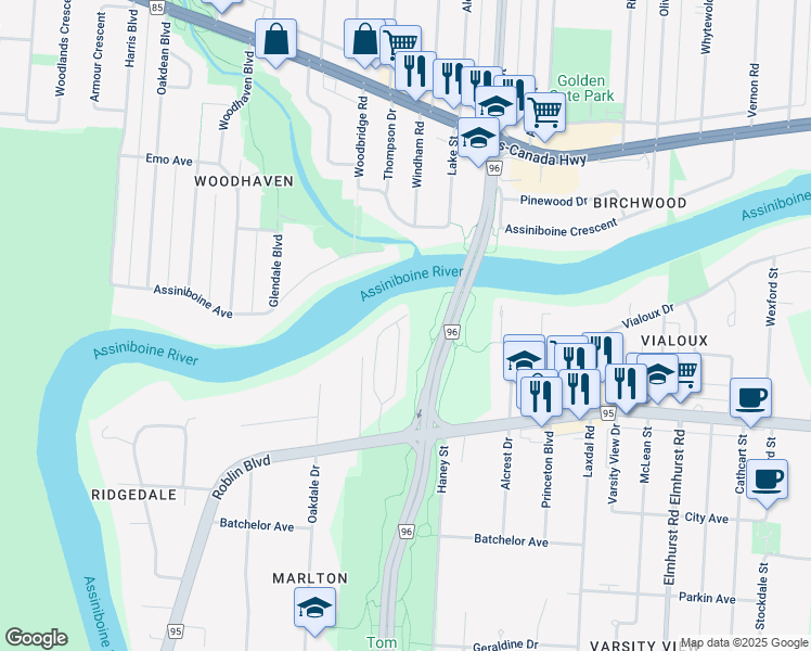 map of restaurants, bars, coffee shops, grocery stores, and more near 4025 Roblin Boulevard in Winnipeg
