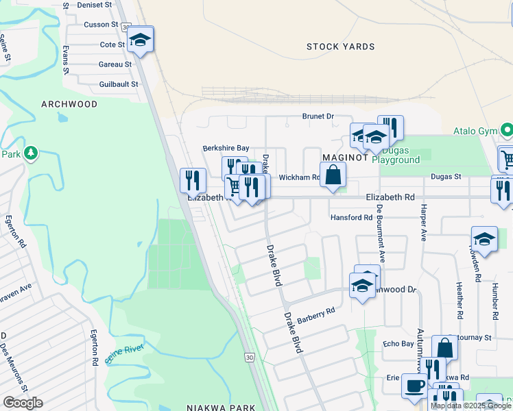 map of restaurants, bars, coffee shops, grocery stores, and more near 678 Elizabeth Road in Winnipeg