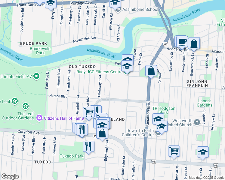 map of restaurants, bars, coffee shops, grocery stores, and more near 139 Tuxedo Avenue in Winnipeg