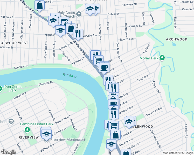map of restaurants, bars, coffee shops, grocery stores, and more near 432 Saint Mary's Road in Winnipeg