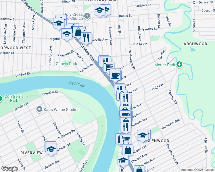 map of restaurants, bars, coffee shops, grocery stores, and more near 432 Saint Mary's Road in Winnipeg