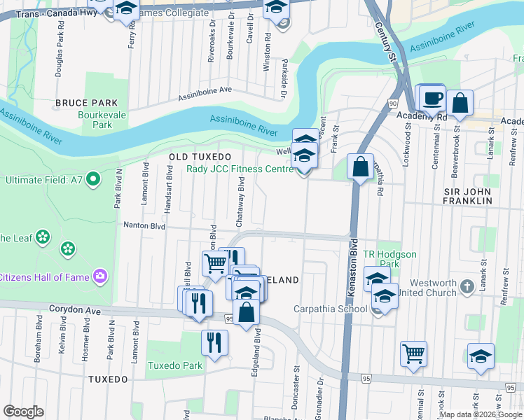 map of restaurants, bars, coffee shops, grocery stores, and more near 1800 Wellington Crescent in Winnipeg