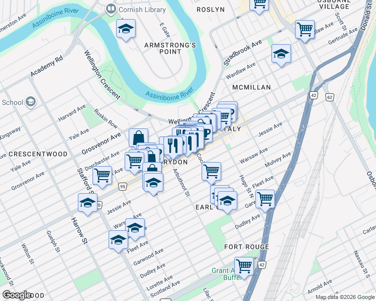map of restaurants, bars, coffee shops, grocery stores, and more near 751 Corydon Avenue in Winnipeg