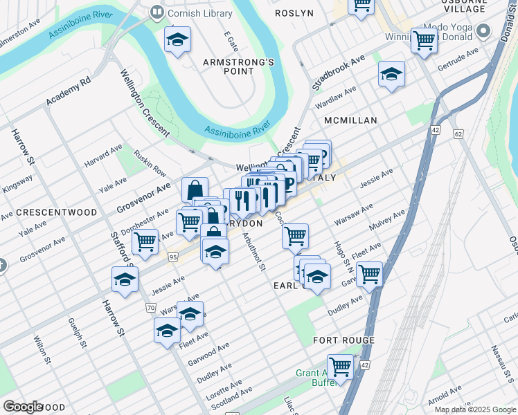 map of restaurants, bars, coffee shops, grocery stores, and more near in Winnipeg