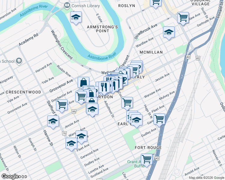 map of restaurants, bars, coffee shops, grocery stores, and more near in Winnipeg