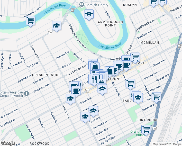 map of restaurants, bars, coffee shops, grocery stores, and more near 162 Lilac Street in Winnipeg