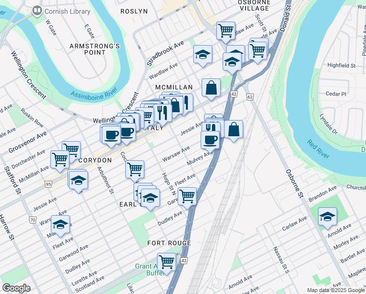 map of restaurants, bars, coffee shops, grocery stores, and more near 599 Warsaw Avenue in Winnipeg