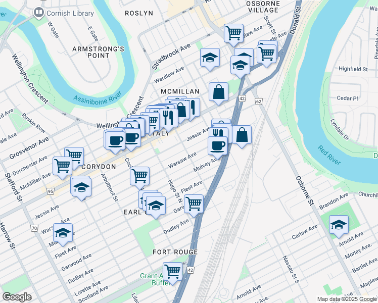 map of restaurants, bars, coffee shops, grocery stores, and more near 599 Warsaw Avenue in Winnipeg