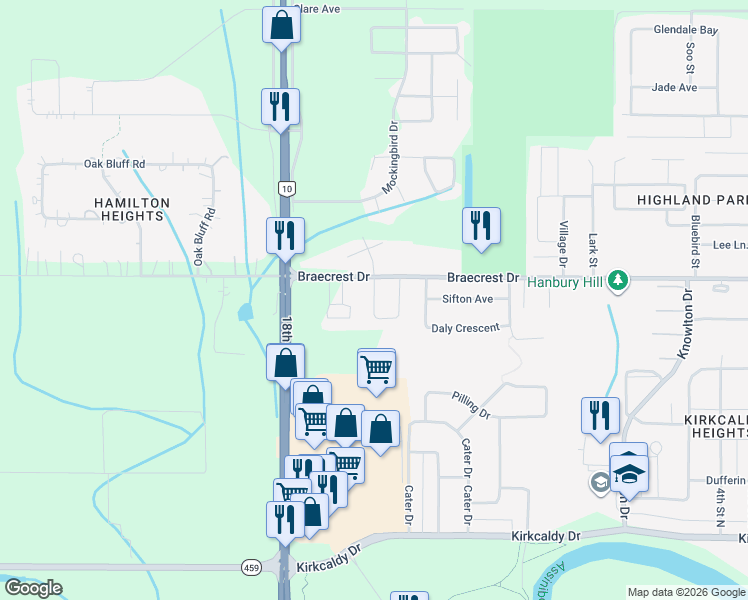 map of restaurants, bars, coffee shops, grocery stores, and more near 1-33 Horizon Place in Brandon
