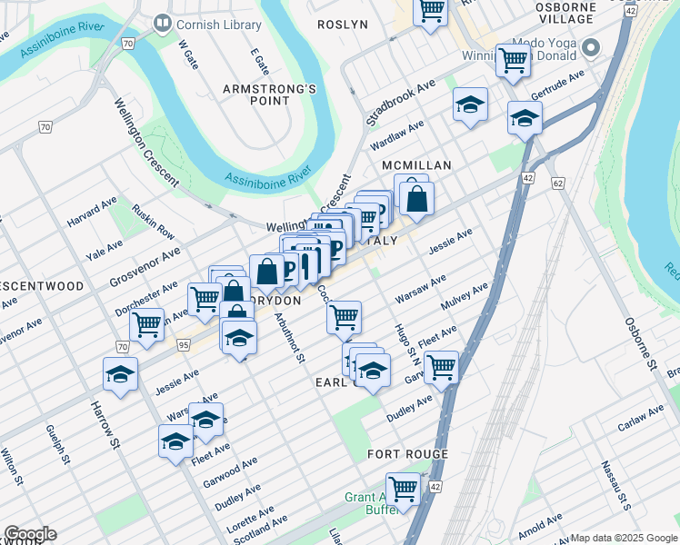 map of restaurants, bars, coffee shops, grocery stores, and more near 713 Jessie Avenue in Winnipeg