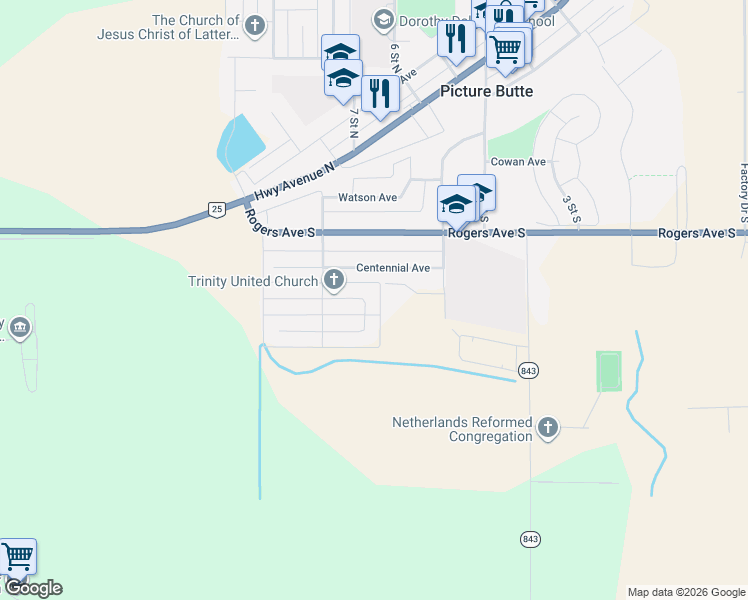 map of restaurants, bars, coffee shops, grocery stores, and more near 429 Maple Crescent in Picture Butte