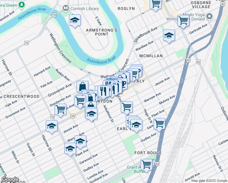 map of restaurants, bars, coffee shops, grocery stores, and more near 766 Corydon Avenue in Winnipeg