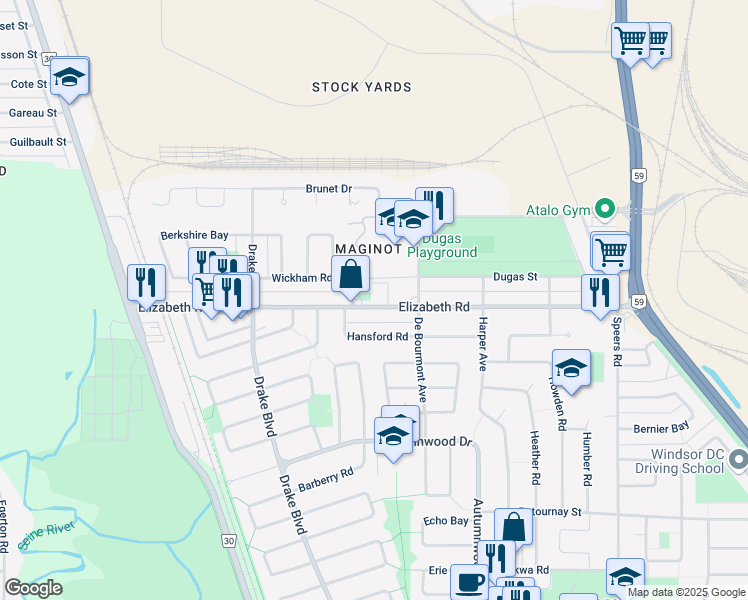 map of restaurants, bars, coffee shops, grocery stores, and more near 855 Elizabeth Road in Winnipeg