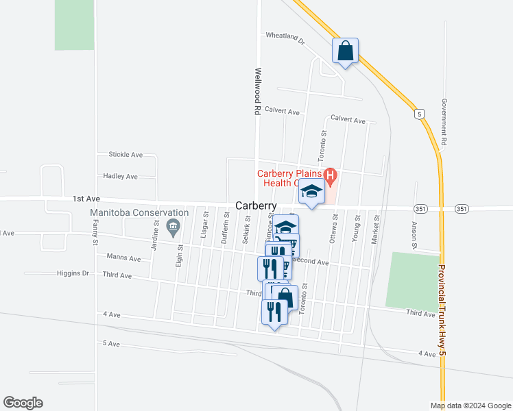 map of restaurants, bars, coffee shops, grocery stores, and more near in Carberry