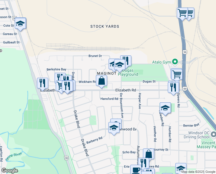 map of restaurants, bars, coffee shops, grocery stores, and more near 845 Elizabeth Road in Winnipeg