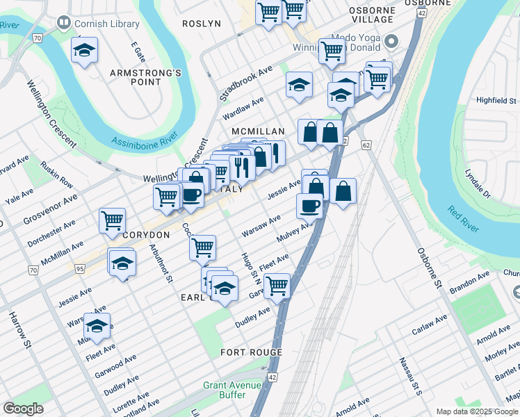 map of restaurants, bars, coffee shops, grocery stores, and more near 603 Jessie Avenue in Winnipeg