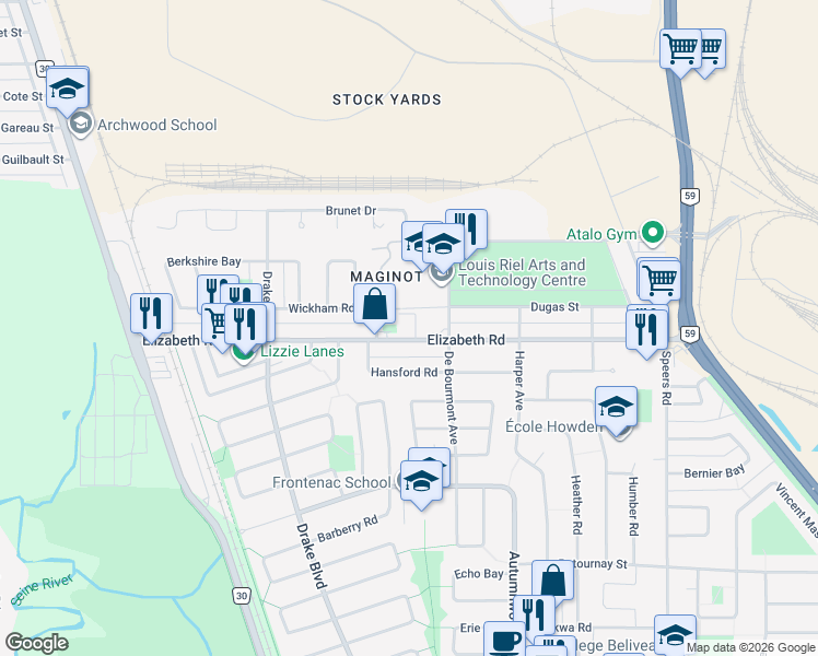 map of restaurants, bars, coffee shops, grocery stores, and more near 865 Elizabeth Road in Winnipeg