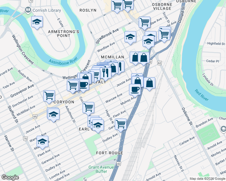 map of restaurants, bars, coffee shops, grocery stores, and more near 626 Jessie Avenue in Winnipeg