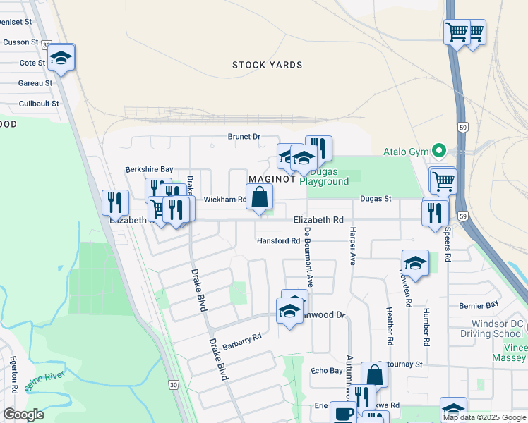 map of restaurants, bars, coffee shops, grocery stores, and more near 845 Elizabeth Road in Winnipeg