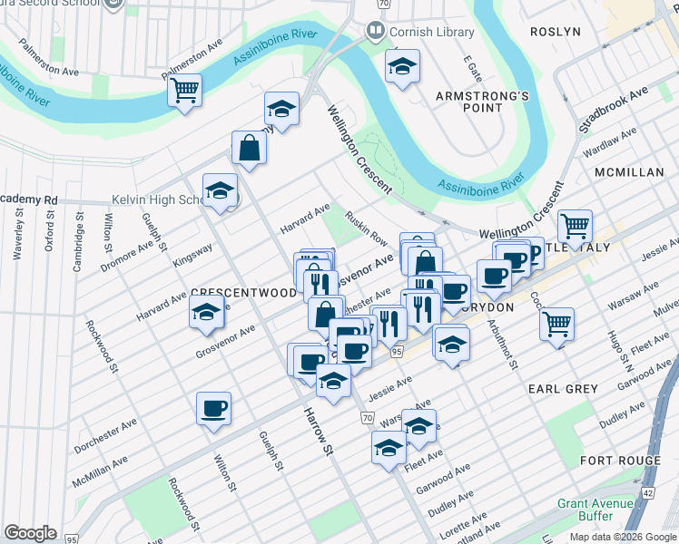 map of restaurants, bars, coffee shops, grocery stores, and more near 883 Grosvenor Avenue in Winnipeg