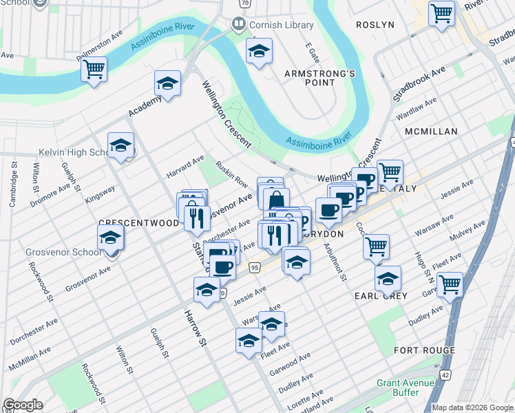 map of restaurants, bars, coffee shops, grocery stores, and more near in Winnipeg