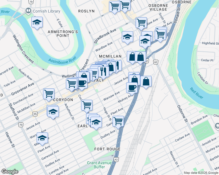 map of restaurants, bars, coffee shops, grocery stores, and more near 630 Jessie Avenue in Winnipeg