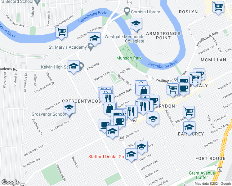 map of restaurants, bars, coffee shops, grocery stores, and more near 50 Yale Avenue in Winnipeg