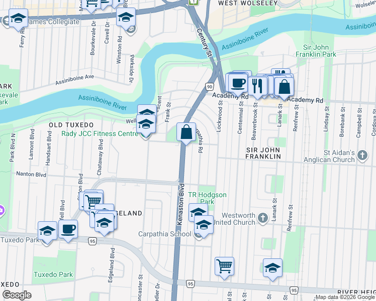 map of restaurants, bars, coffee shops, grocery stores, and more near 144 Route 90 in Winnipeg