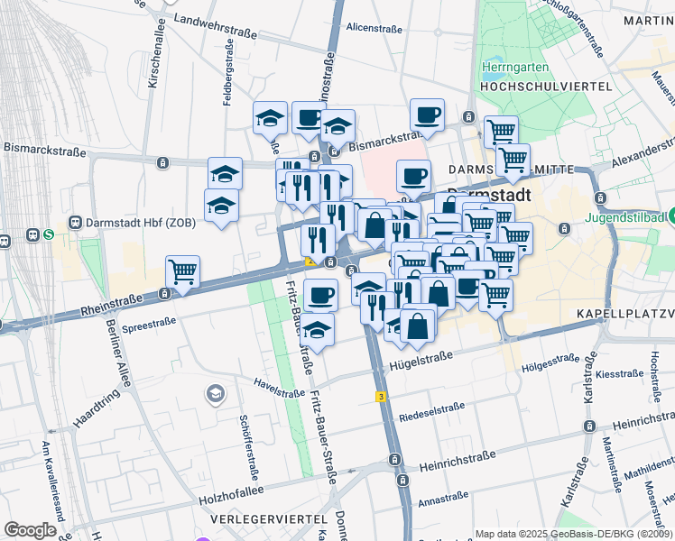 map of restaurants, bars, coffee shops, grocery stores, and more near 40 Rheinstraße in Darmstadt