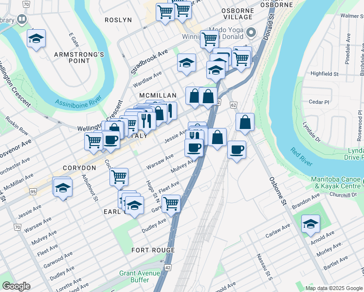 map of restaurants, bars, coffee shops, grocery stores, and more near 575 Warsaw Avenue in Winnipeg