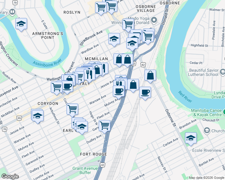map of restaurants, bars, coffee shops, grocery stores, and more near 573 Warsaw Avenue in Winnipeg