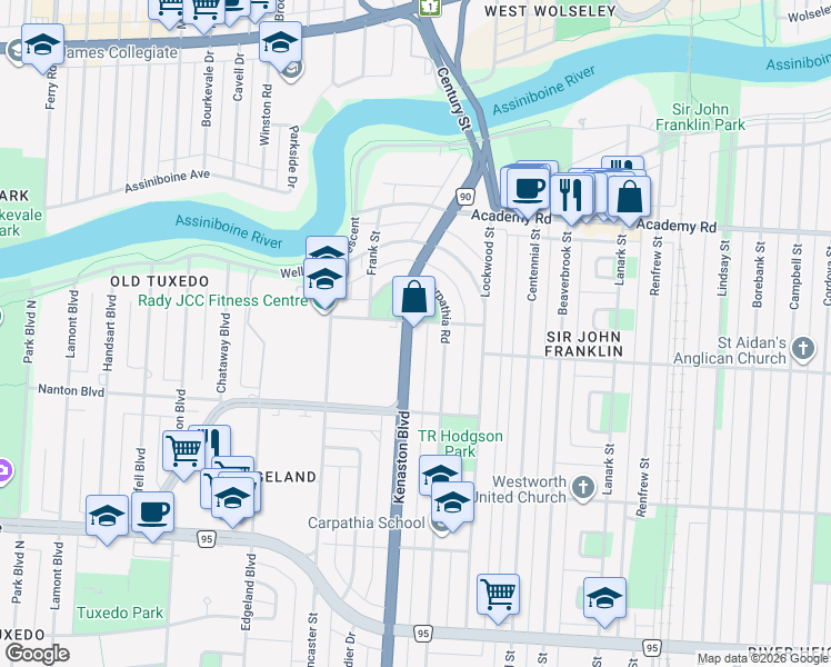 map of restaurants, bars, coffee shops, grocery stores, and more near 144 Route 90 in Winnipeg