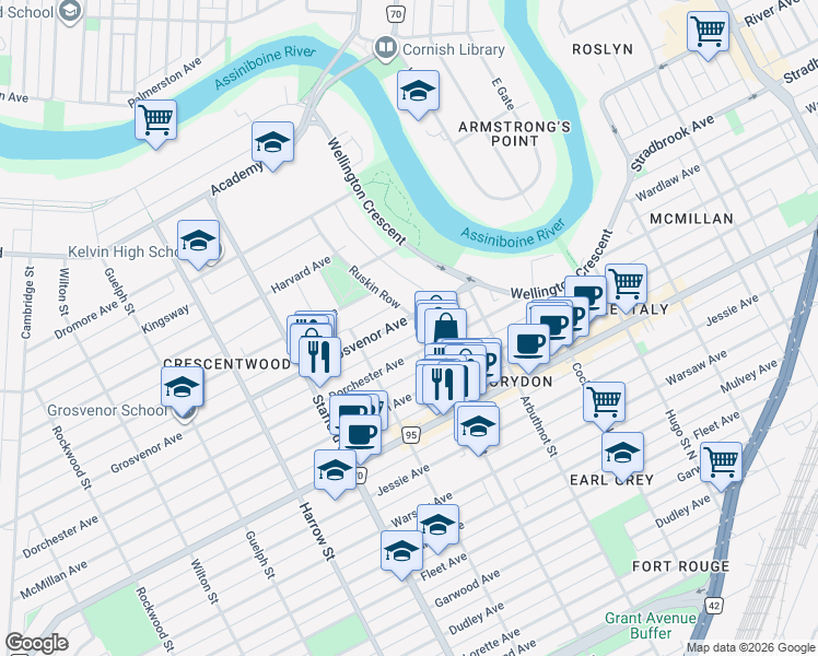 map of restaurants, bars, coffee shops, grocery stores, and more near 840 Grosvenor Avenue in Winnipeg