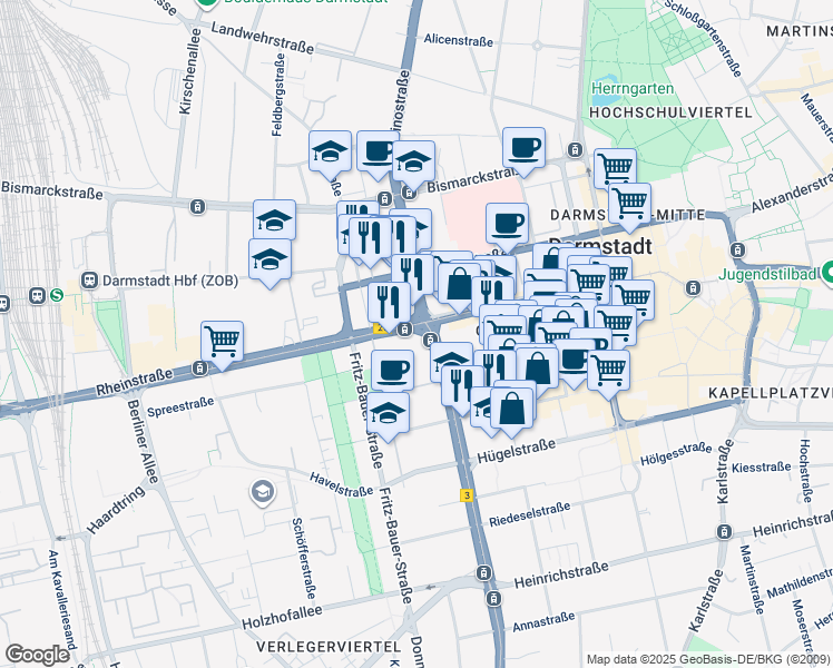 map of restaurants, bars, coffee shops, grocery stores, and more near 40 Rheinstraße in Darmstadt