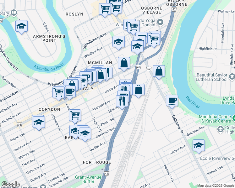 map of restaurants, bars, coffee shops, grocery stores, and more near 558 Jessie Avenue in Winnipeg