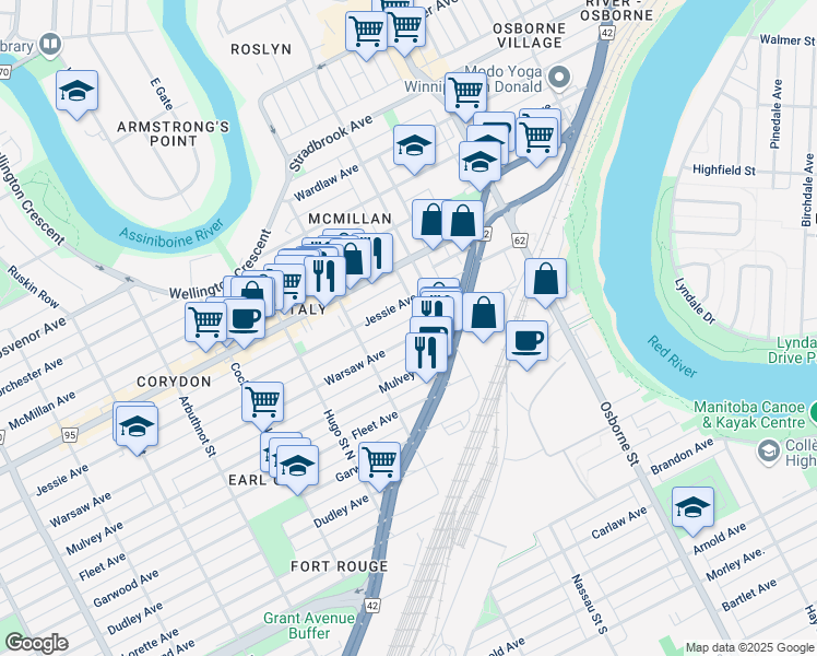 map of restaurants, bars, coffee shops, grocery stores, and more near 558 Jessie Avenue in Winnipeg